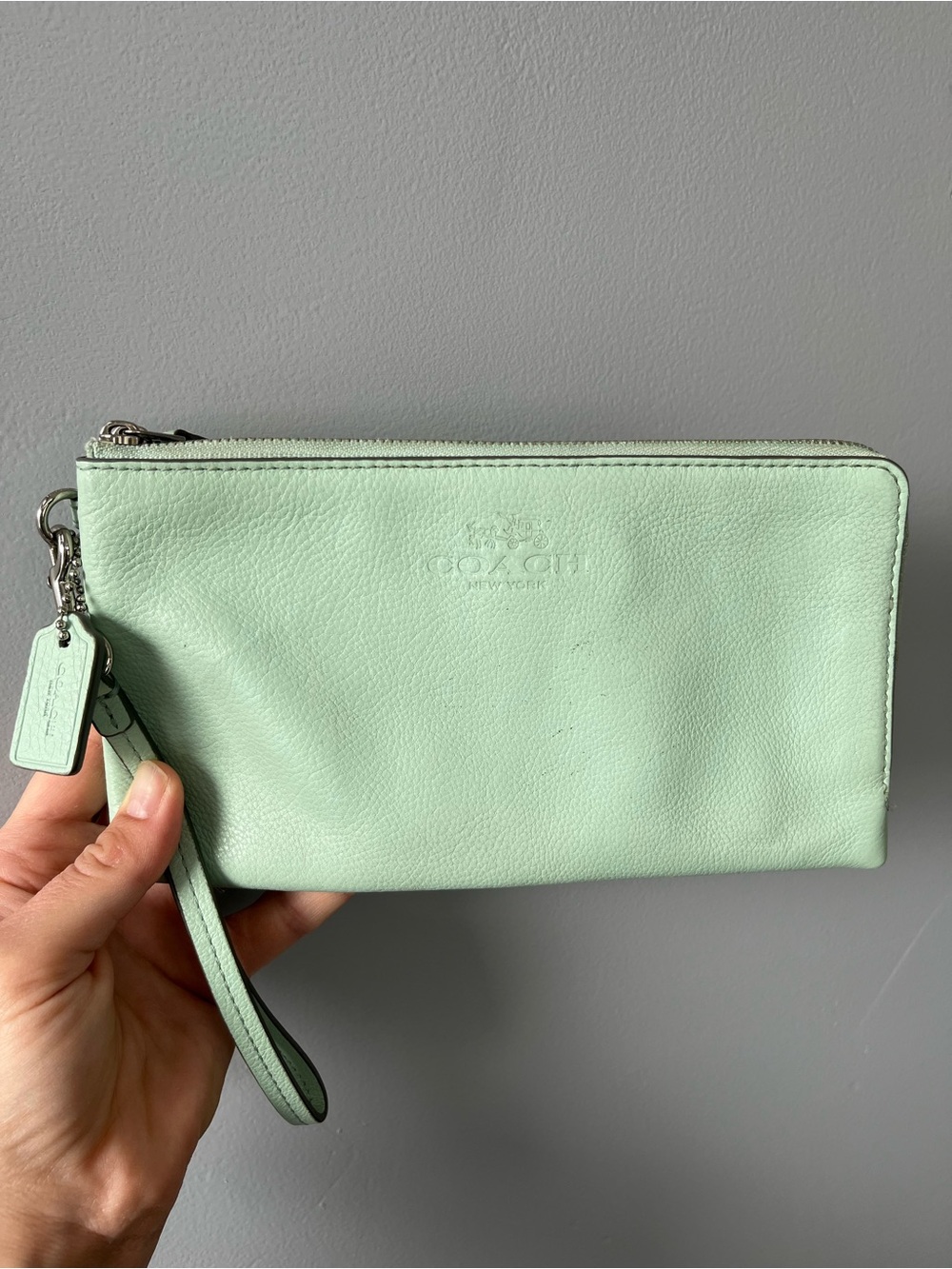 Coach Pebbled Leather Mint Green Double Zip Wallet Clutch- F53561